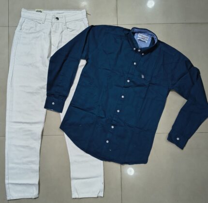 Plain blue Shirt and white jeans momfit combo for men's