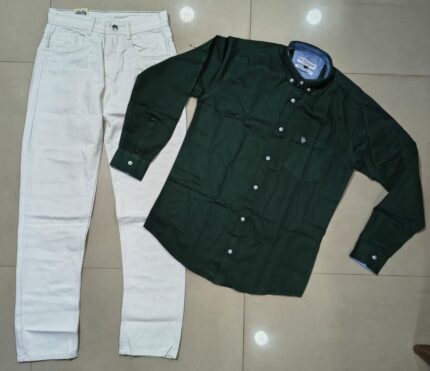 Plain green  Shirt and white jeans momfit combo for men's