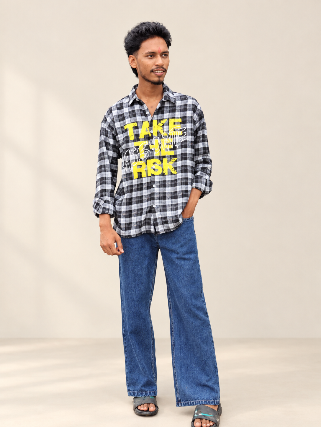 2026/09/1000002075-1.png Men’s Black & White Checkered Graphic Shirt - Baggy jeans - Image 1