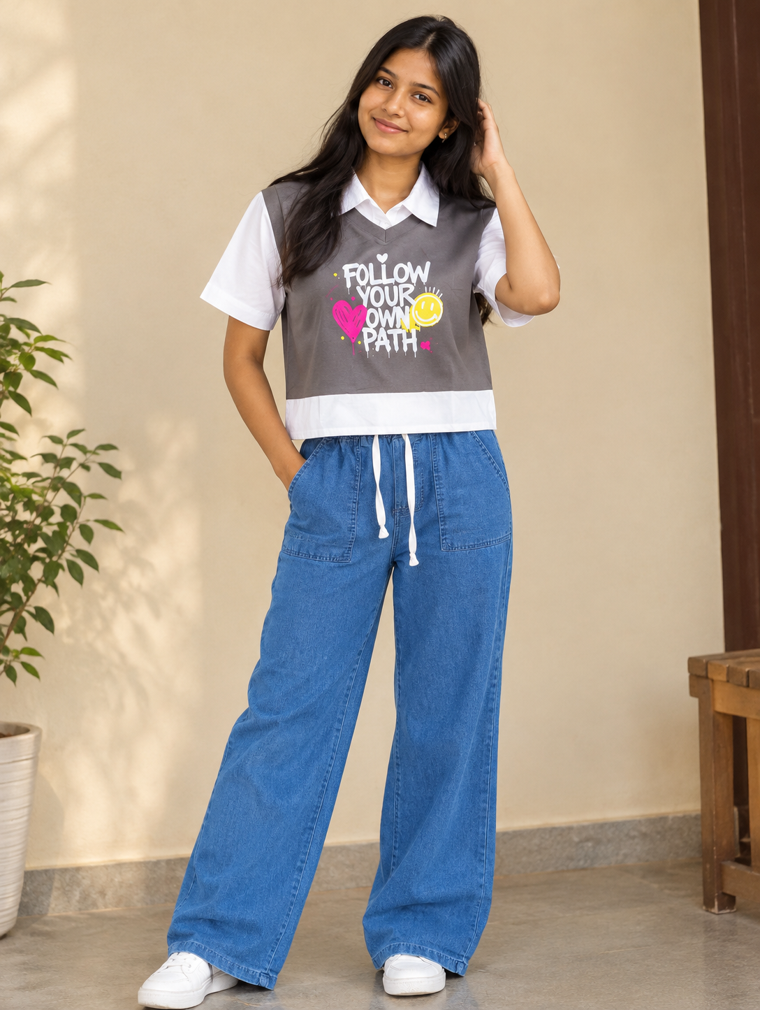 2026/09/1000002113-1.png Women’s Grey “Follow Your Own Path” Top with Wide-Leg Denim - Image 1