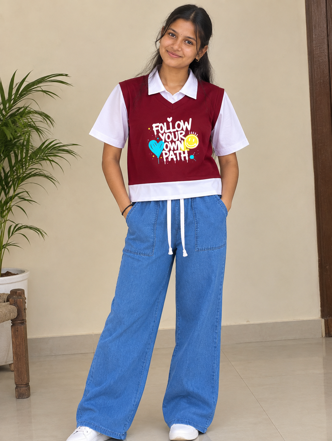 2026/09/1000002118.png Women’s Maroon Printed Sweater Vest & Wide-Leg Denim Jeans Set - Image 1