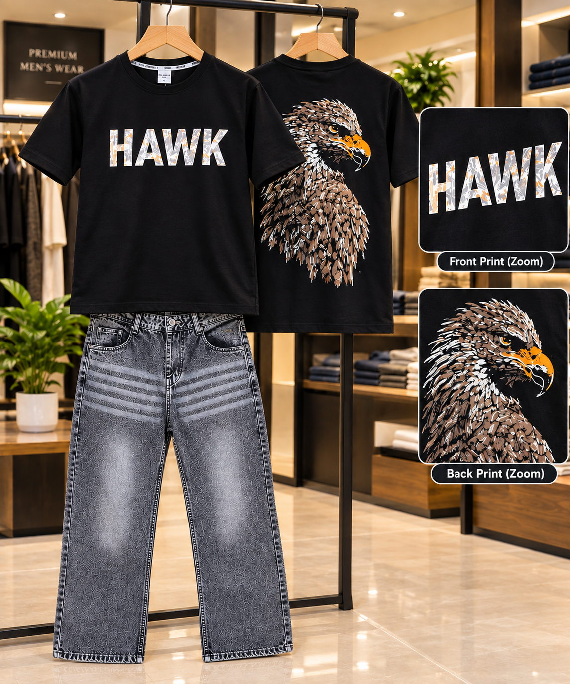2026/09/1000002688-2.png Men’s Hawk Printed Black T-Shirt & Grey Denim Jeans Set - Image 1