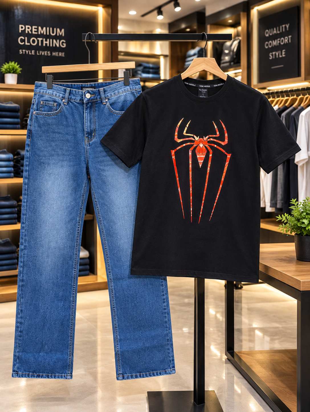 2026/09/1000002731.png Men’s Spider Printed Black T-Shirt & Blue Denim Jeans Set - Image 1