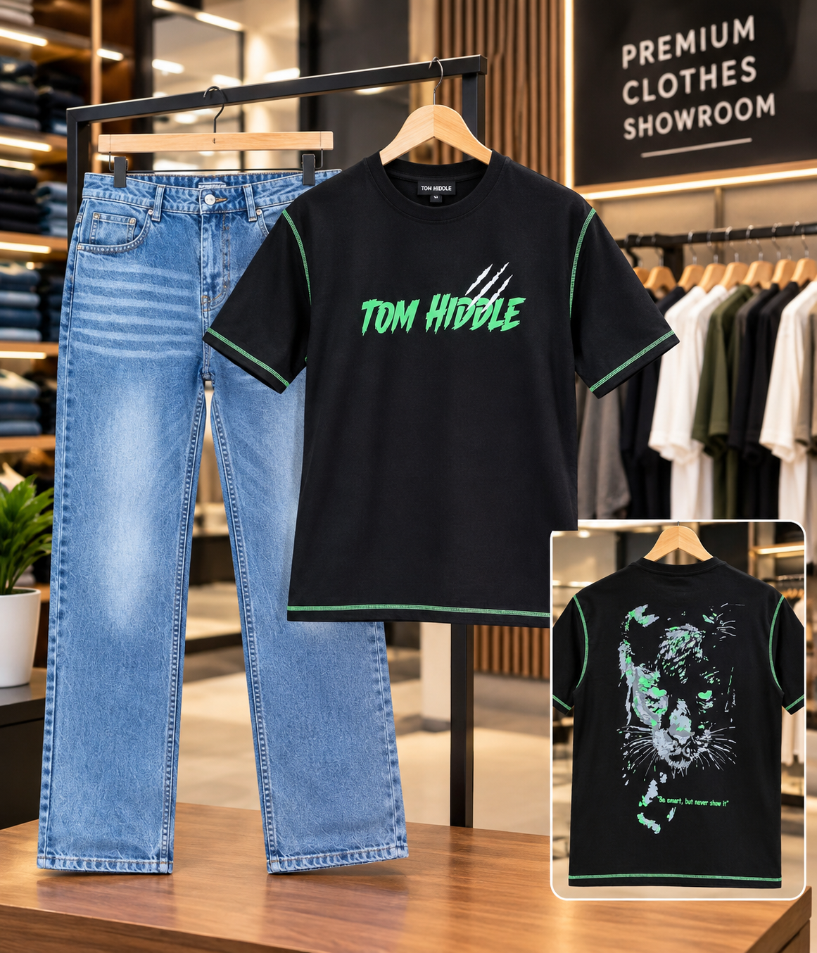 2026/09/1000002744.png Men’s TOM HIDDLE Printed Black T-Shirt & Light Blue Denim Jeans Set - Image 1