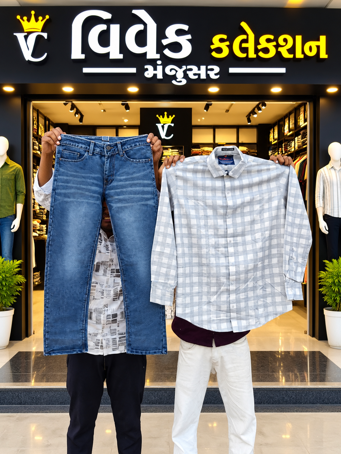 2026/09/1000013313.png Men’s Light Grey Checkered Shirt with Classic Blue Denim Jeans - Image 1