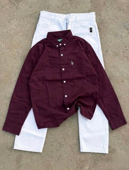 Men’s Wine Maroon Full Sleeve Shirt with White Jeans Combo