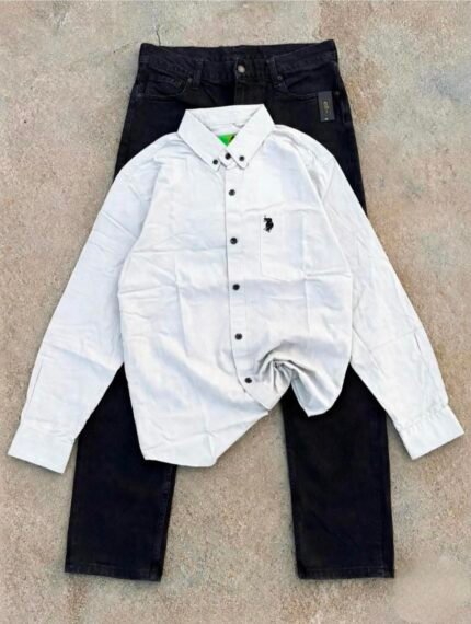 Men’s White Full Sleeve Shirt with Black Jeans Combo