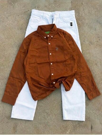 Men’s Rust Brown Full Sleeve Shirt with White Jeans Combo