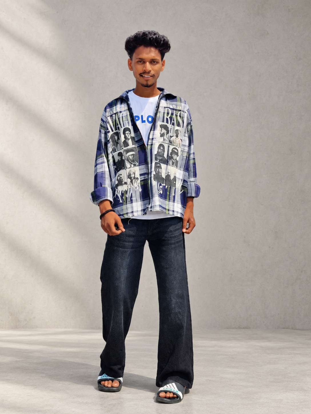 2026/10/1000039785.png Men’s Blue & White Printed Check Overshirt with Black Wide-Leg Jeans Combo - Image 1